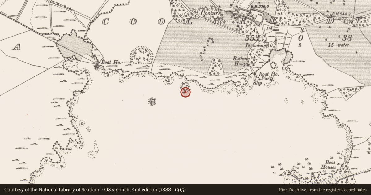 Ordnance Survey six-inch map, 2nd edition (1888–1915) covering the location of Crannog, Coolure Demesne, County Westmeath, with a pin at the register's coordinates