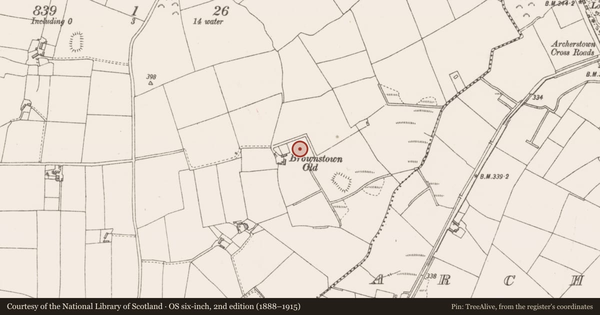 Ordnance Survey six-inch map, 2nd edition (1888–1915) covering the location of Moated site, Brownstown, County Westmeath, with a pin at the register's coordinates