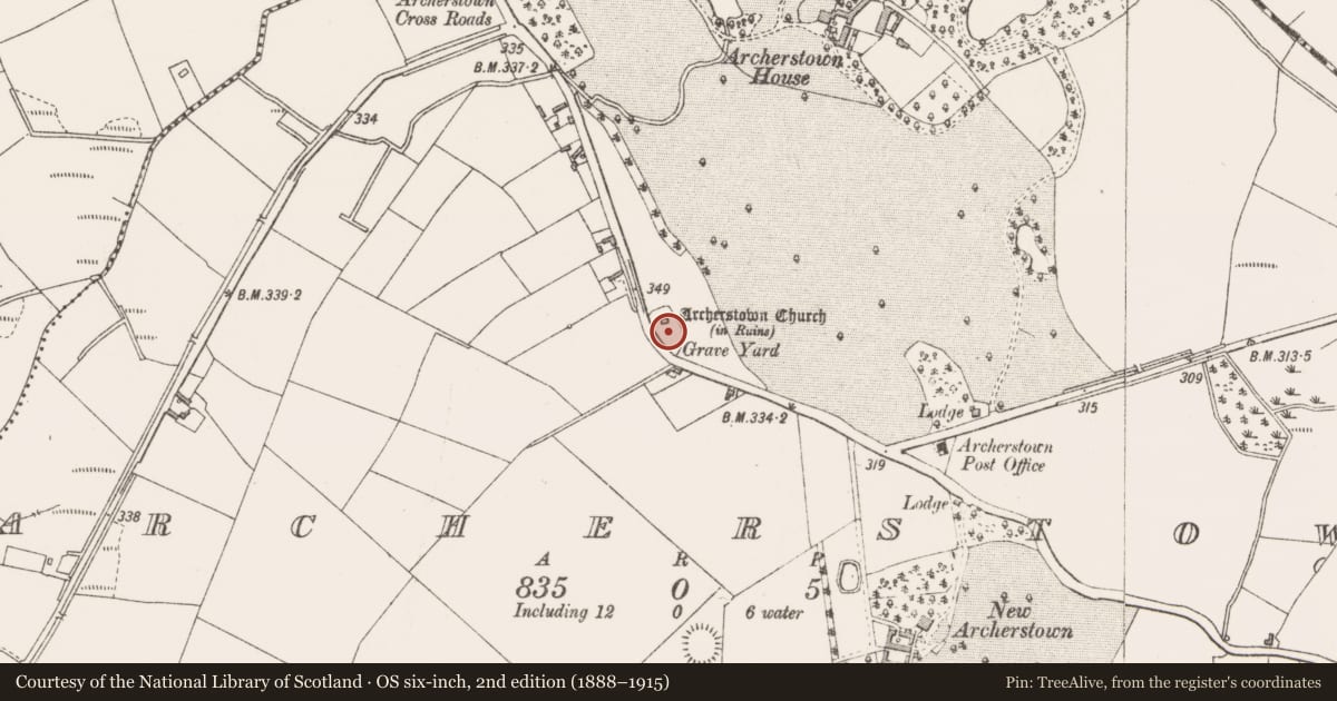 Ordnance Survey six-inch map, 2nd edition (1888–1915) covering the location of Graveyard, Archerstown, County Westmeath, with a pin at the register's coordinates