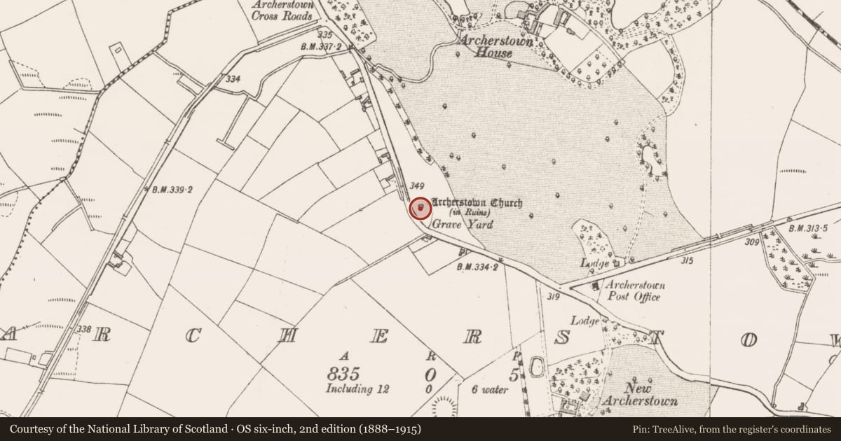 Ordnance Survey six-inch map, 2nd edition (1888–1915) covering the location of Ecclesiastical enclosure, Archerstown, County Westmeath, with a pin at the register's coordinates