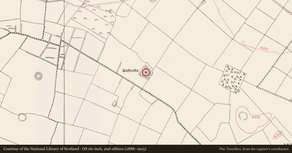 Ordnance Survey six-inch map, 2nd edition (1888–1915) covering the location of Moated site, Ranaghan, County Westmeath, with a pin at the register's coordinates