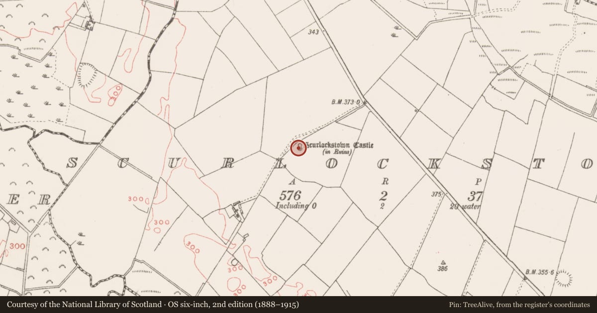 Ordnance Survey six-inch map, 2nd edition (1888–1915) covering the location of Castle - unclassified, Scurlockstown, County Westmeath, with a pin at the register's coordinates