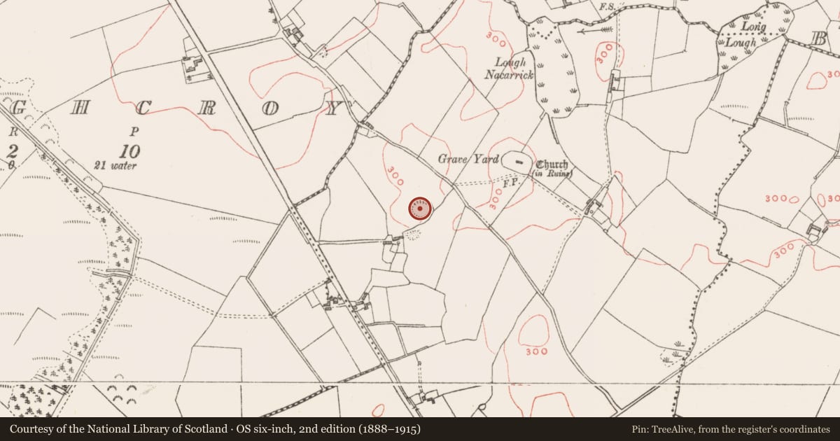Ordnance Survey six-inch map, 2nd edition (1888–1915) covering the location of Hut site, Killadoughran, County Westmeath, with a pin at the register's coordinates