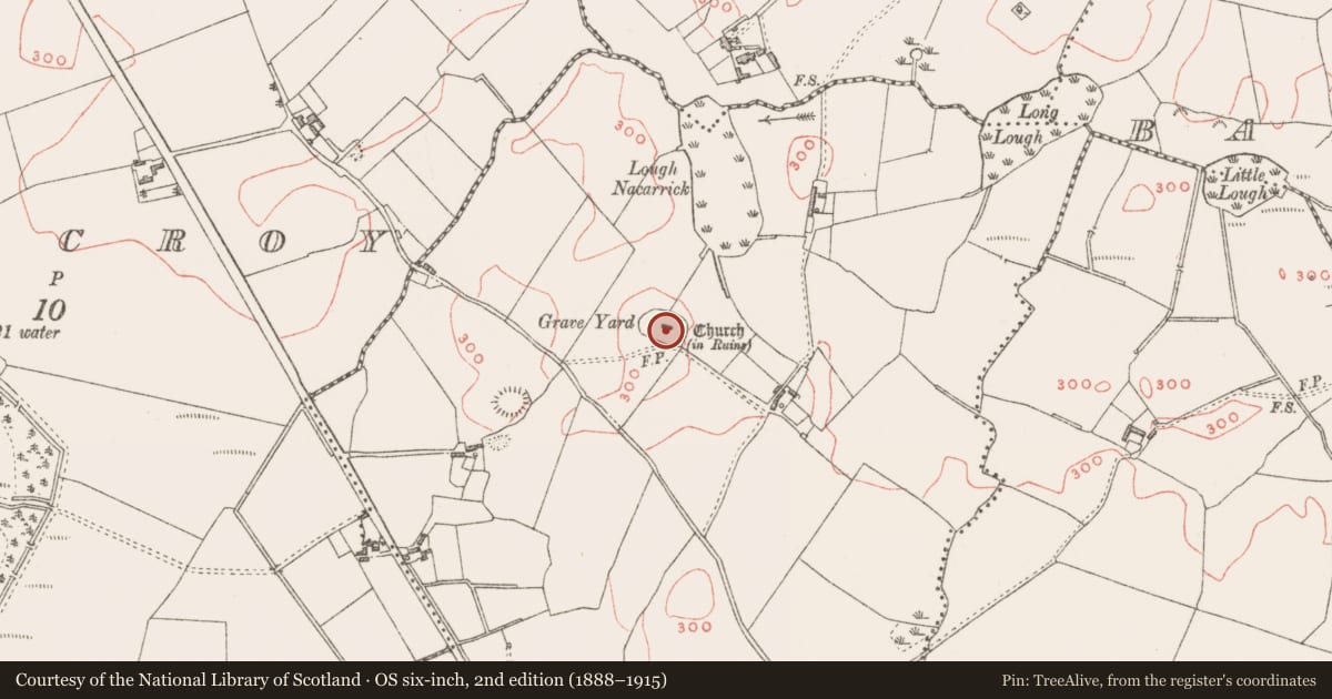 Ordnance Survey six-inch map, 2nd edition (1888–1915) covering the location of Church, Killadoughran, County Westmeath, with a pin at the register's coordinates