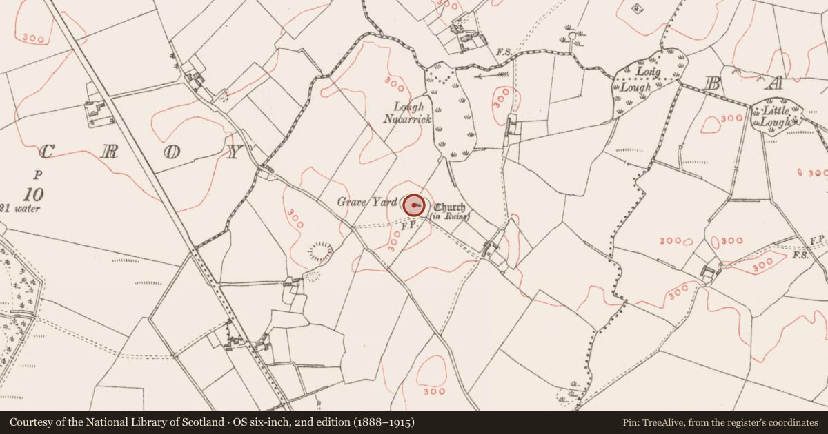 Ordnance Survey six-inch map, 2nd edition (1888–1915) covering the location of Graveyard, Killadoughran, County Westmeath, with a pin at the register's coordinates