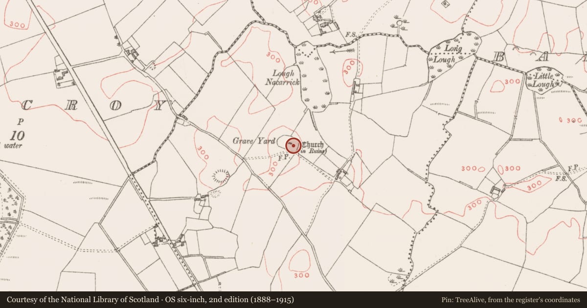 Ordnance Survey six-inch map, 2nd edition (1888–1915) covering the location of Font, Killadoughran, County Westmeath, with a pin at the register's coordinates