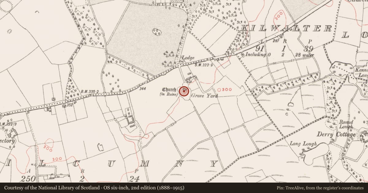 Ordnance Survey six-inch map, 2nd edition (1888–1915) covering the location of Church, Kilcumny, County Westmeath, with a pin at the register's coordinates