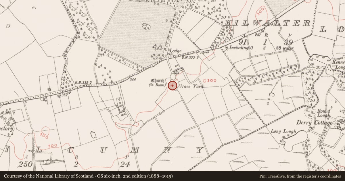 Ordnance Survey six-inch map, 2nd edition (1888–1915) covering the location of Graveyard, Kilcumny, County Westmeath, with a pin at the register's coordinates
