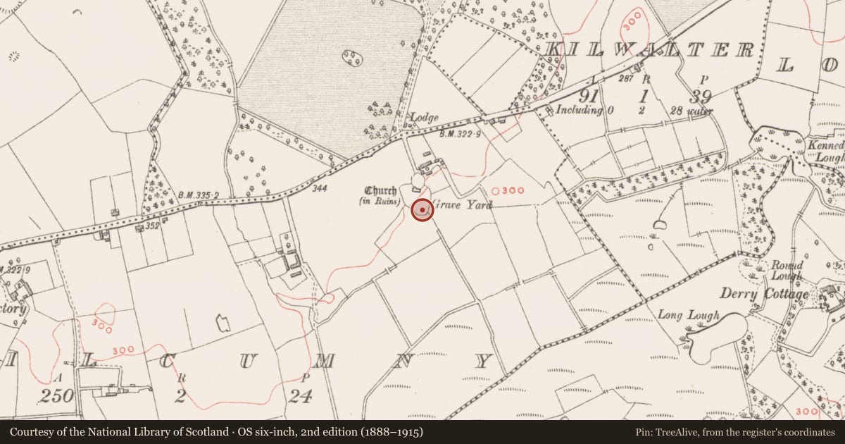 Ordnance Survey six-inch map, 2nd edition (1888–1915) covering the location of Ecclesiastical enclosure, Kilcumny, County Westmeath, with a pin at the register's coordinates