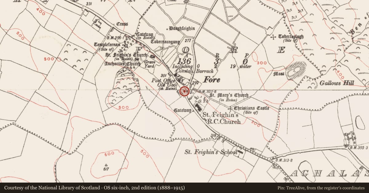 Ordnance Survey six-inch map, 2nd edition (1888–1915) covering the location of Cross - Wayside cross (present location), Fore, County Westmeath, with a pin at the register's coordinates