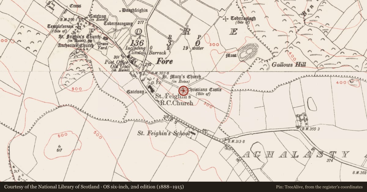 Ordnance Survey six-inch map, 2nd edition (1888–1915) covering the location of Castle - unclassified, Fore, County Westmeath, with a pin at the register's coordinates