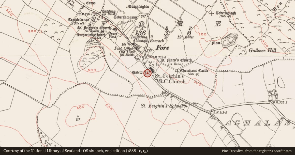 Ordnance Survey six-inch map, 2nd edition (1888–1915) covering the location of Gateway, Fore, County Westmeath, with a pin at the register's coordinates