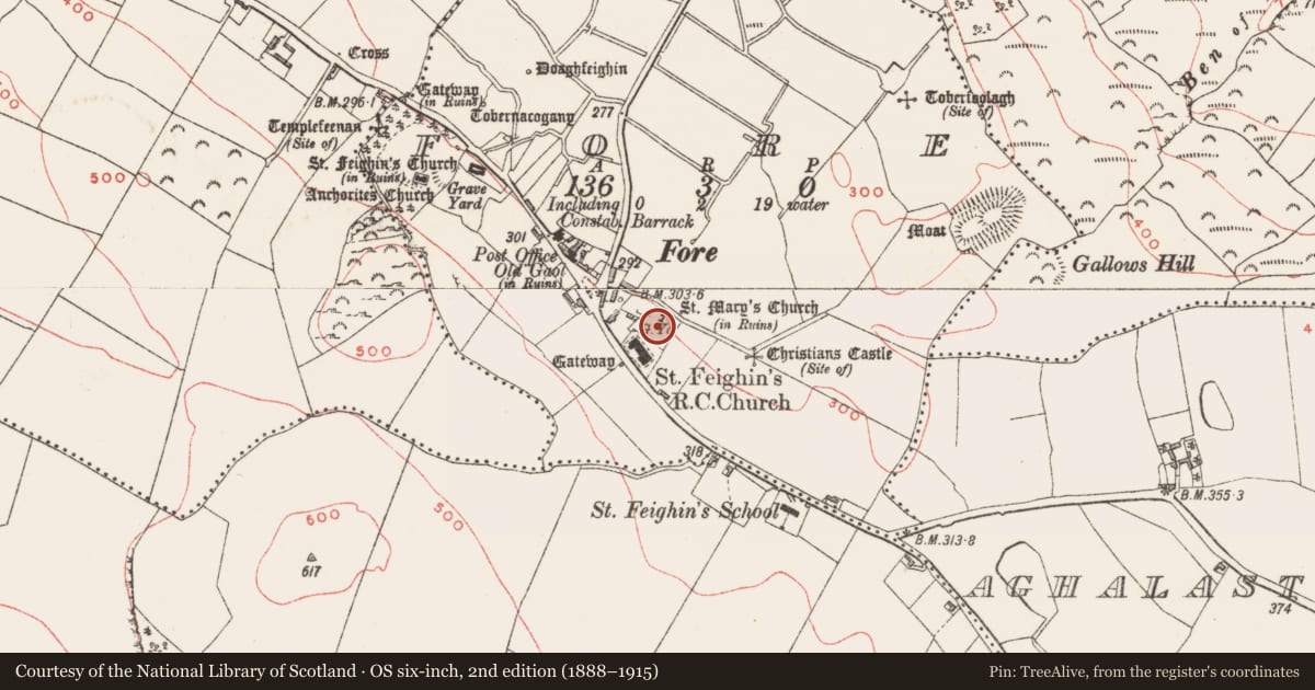 Ordnance Survey six-inch map, 2nd edition (1888–1915) covering the location of Cross - Wayside cross, Fore, County Westmeath, with a pin at the register's coordinates