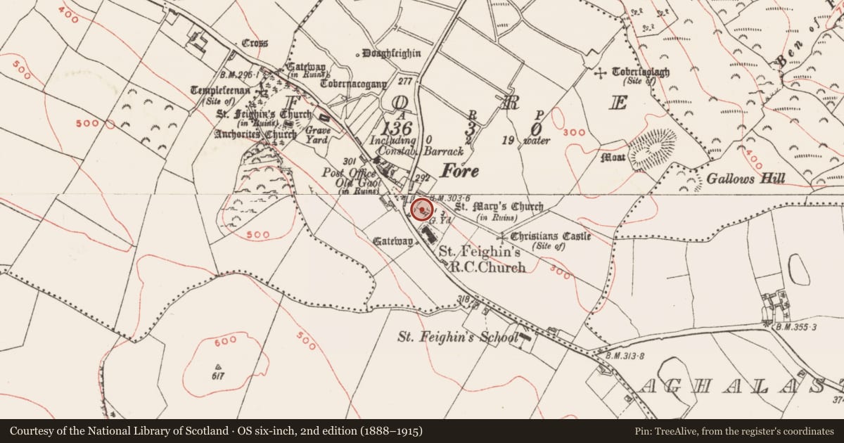 Ordnance Survey six-inch map, 2nd edition (1888–1915) covering the location of Church, Fore, County Westmeath, with a pin at the register's coordinates