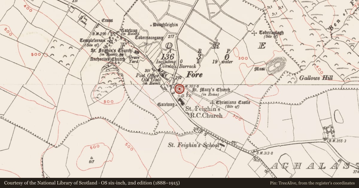 Ordnance Survey six-inch map, 2nd edition (1888–1915) covering the location of Font, Fore, County Westmeath, with a pin at the register's coordinates
