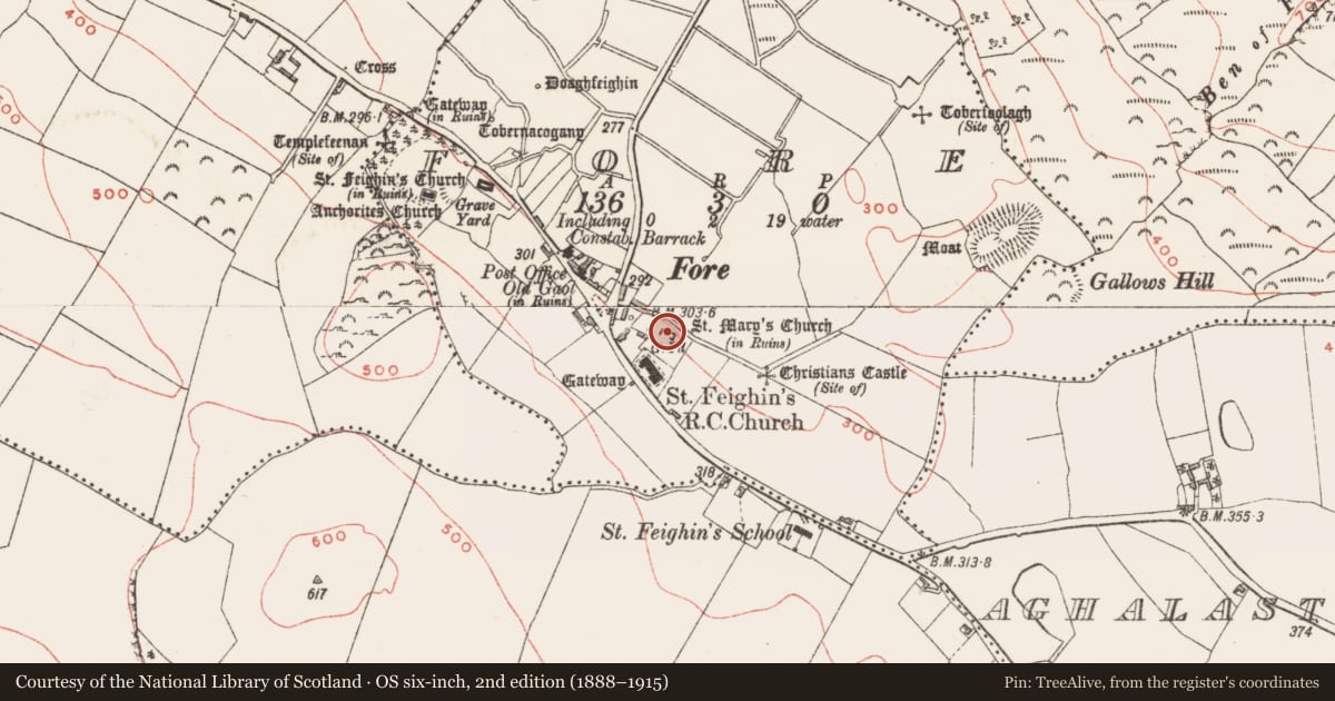 Ordnance Survey six-inch map, 2nd edition (1888–1915) covering the location of Cross-slab, Fore, County Westmeath, with a pin at the register's coordinates
