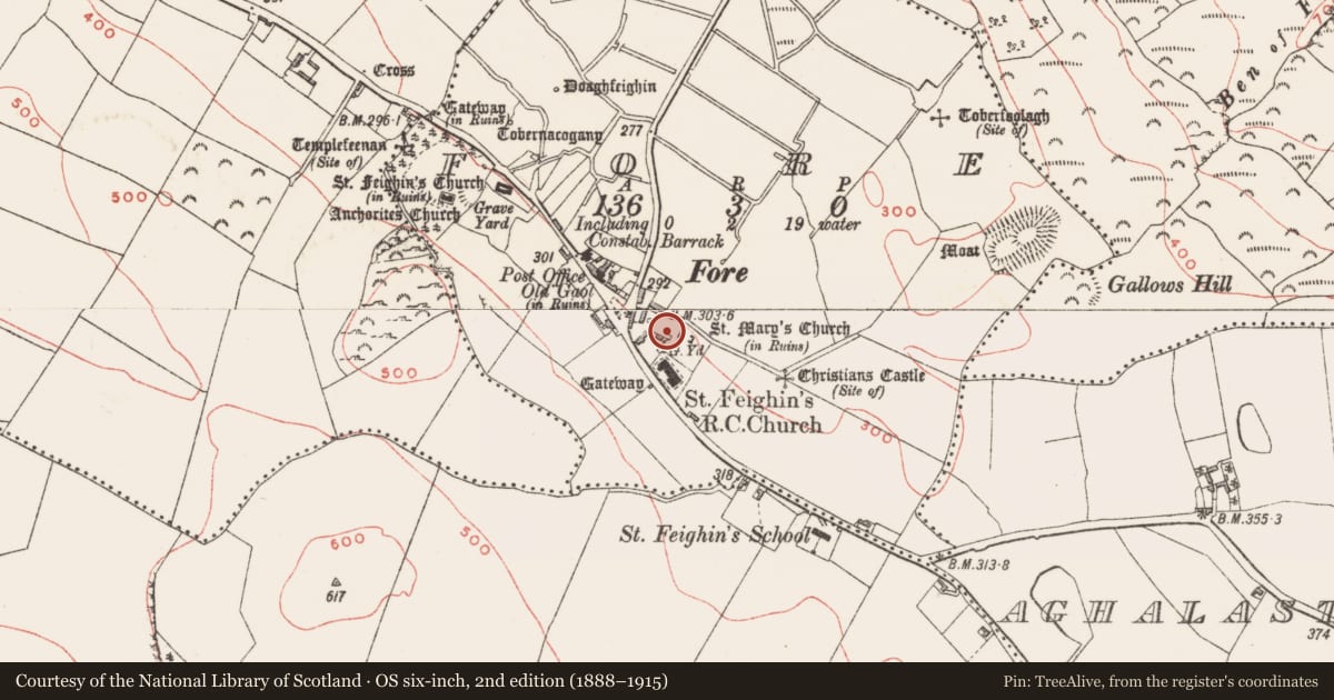 Ordnance Survey six-inch map, 2nd edition (1888–1915) covering the location of Memorial stone, Fore, County Westmeath, with a pin at the register's coordinates