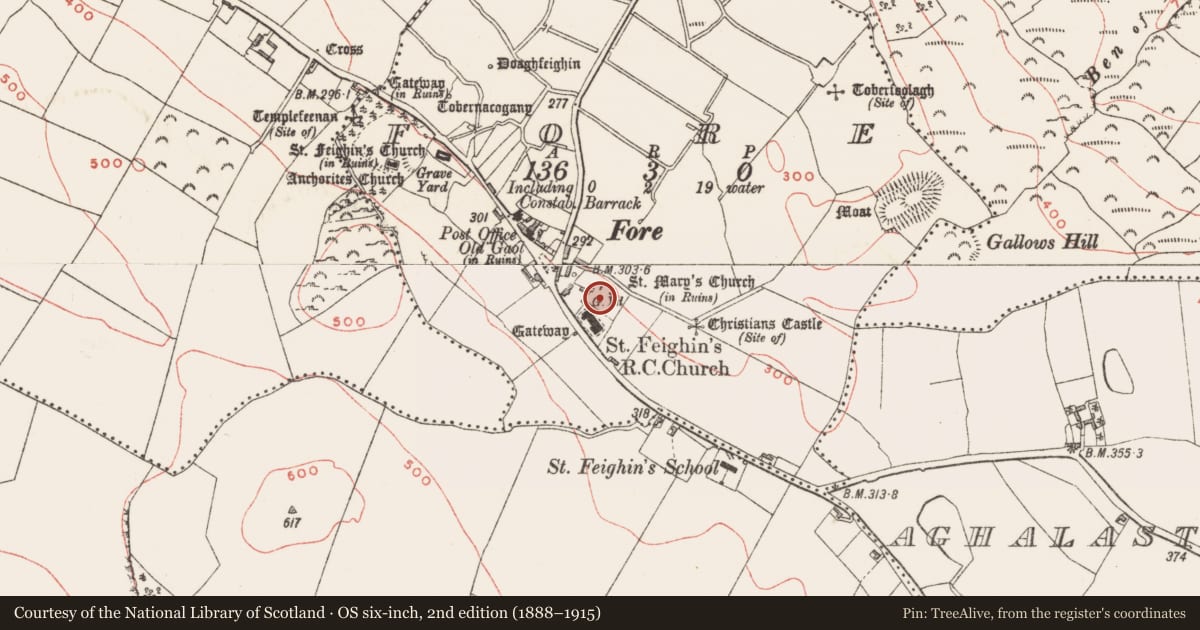 Ordnance Survey six-inch map, 2nd edition (1888–1915) covering the location of Graveyard, Fore, County Westmeath, with a pin at the register's coordinates