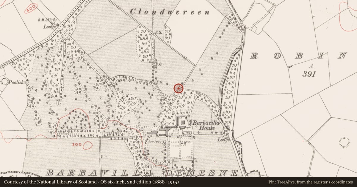 Ordnance Survey six-inch map, 2nd edition (1888–1915) covering the location of Fish-pond, Barbavilla Demesne, County Westmeath, with a pin at the register's coordinates