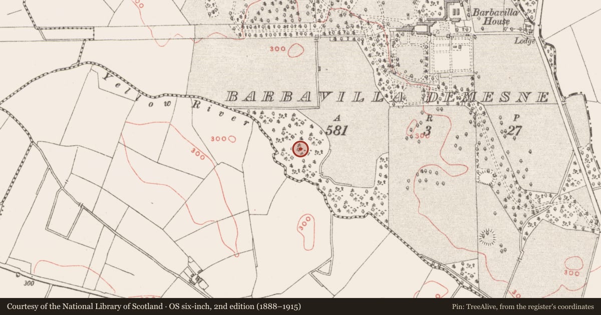 Ordnance Survey six-inch map, 2nd edition (1888–1915) covering the location of Fish-pond, Barbavilla Demesne, County Westmeath, with a pin at the register's coordinates