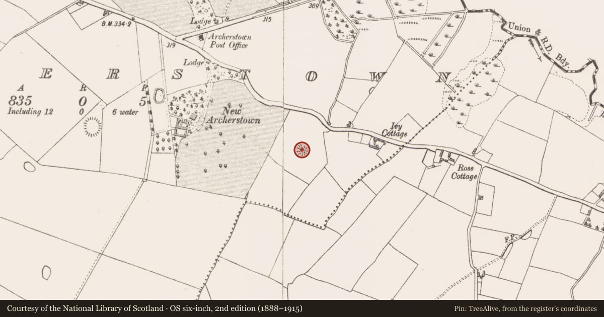 Ordnance Survey six-inch map, 2nd edition (1888–1915) covering the location of Barrow - ring-barrow, Archerstown, County Westmeath, with a pin at the register's coordinates