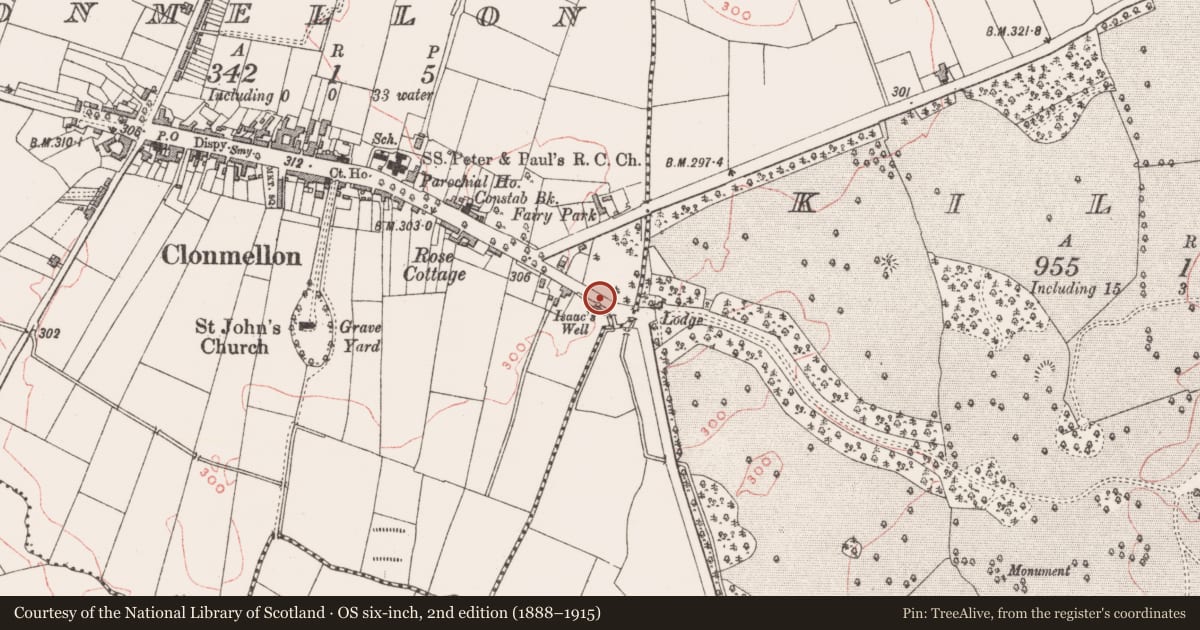 Ordnance Survey six-inch map, 2nd edition (1888–1915) covering the location of Architectural feature, Clonmellon, County Westmeath, with a pin at the register's coordinates