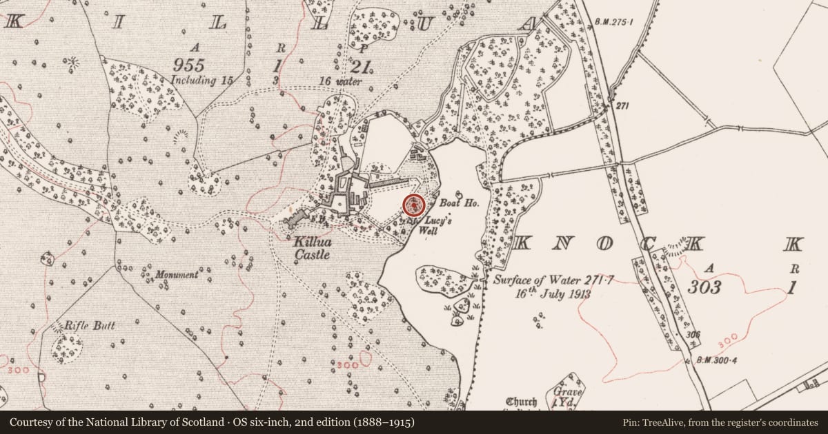 Ordnance Survey six-inch map, 2nd edition (1888–1915) covering the location of Ritual site - holy well, Killua, County Westmeath, with a pin at the register's coordinates
