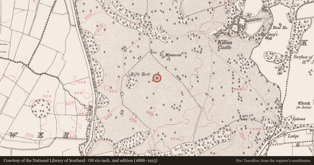 Ordnance Survey six-inch map, 2nd edition (1888–1915) covering the location of Designed landscape feature, Killua, County Westmeath, with a pin at the register's coordinates