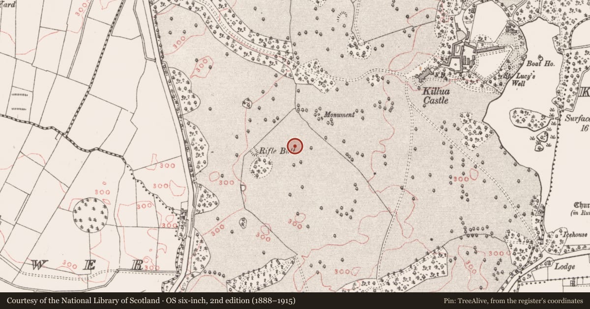 Ordnance Survey six-inch map, 2nd edition (1888–1915) covering the location of Designed landscape feature, Killua, County Westmeath, with a pin at the register's coordinates