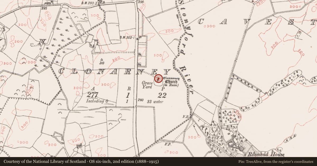 Ordnance Survey six-inch map, 2nd edition (1888–1915) covering the location of Castle - tower house, Clonarney, County Westmeath, with a pin at the register's coordinates