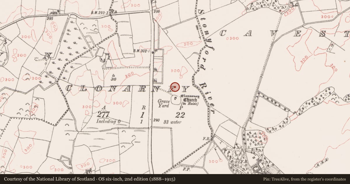 Ordnance Survey six-inch map, 2nd edition (1888–1915) covering the location of Field system, Clonarney, County Westmeath, with a pin at the register's coordinates