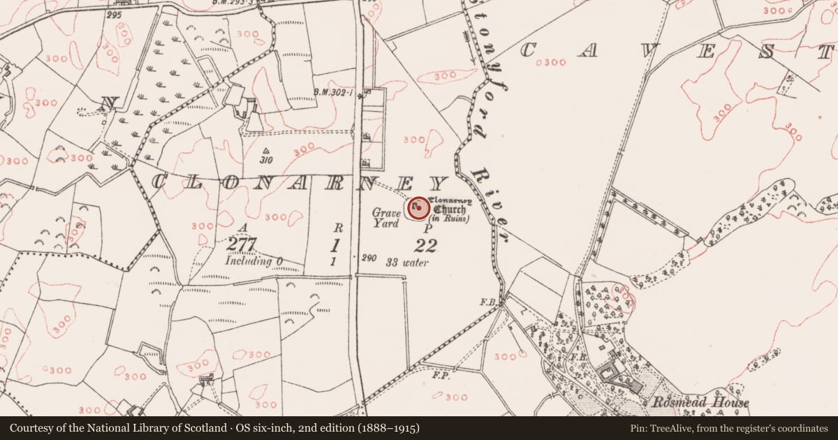 Ordnance Survey six-inch map, 2nd edition (1888–1915) covering the location of Graveyard, Clonarney, County Westmeath, with a pin at the register's coordinates