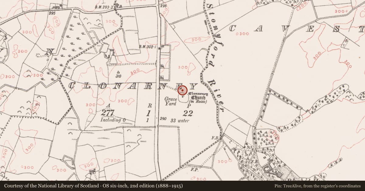 Ordnance Survey six-inch map, 2nd edition (1888–1915) covering the location of Ecclesiastical enclosure, Clonarney, County Westmeath, with a pin at the register's coordinates