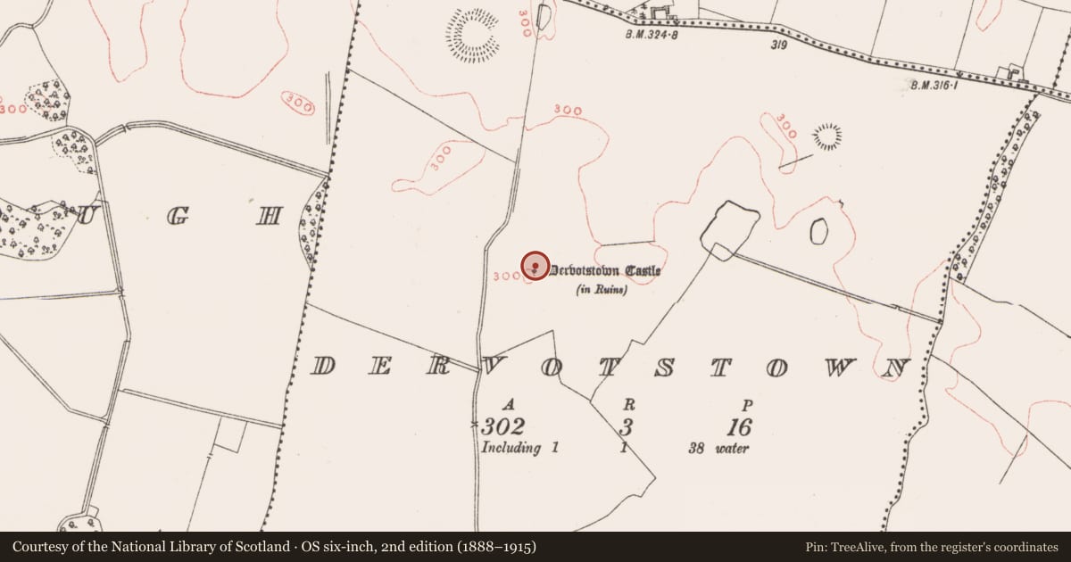 Ordnance Survey six-inch map, 2nd edition (1888–1915) covering the location of Castle - tower house, Dervotstown, County Westmeath, with a pin at the register's coordinates