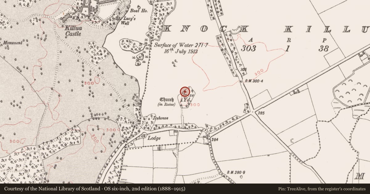 Ordnance Survey six-inch map, 2nd edition (1888–1915) covering the location of Ecclesiastical enclosure, Knock Killua, County Westmeath, with a pin at the register's coordinates