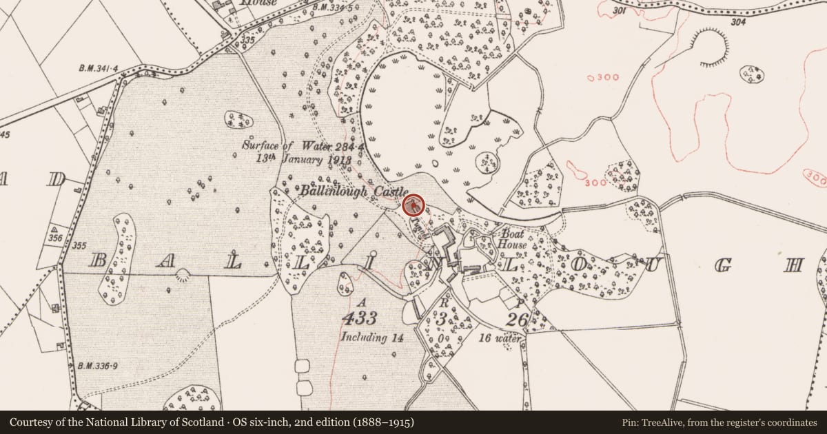 Ordnance Survey six-inch map, 2nd edition (1888–1915) covering the location of House - fortified house, Ballinlough, County Westmeath, with a pin at the register's coordinates