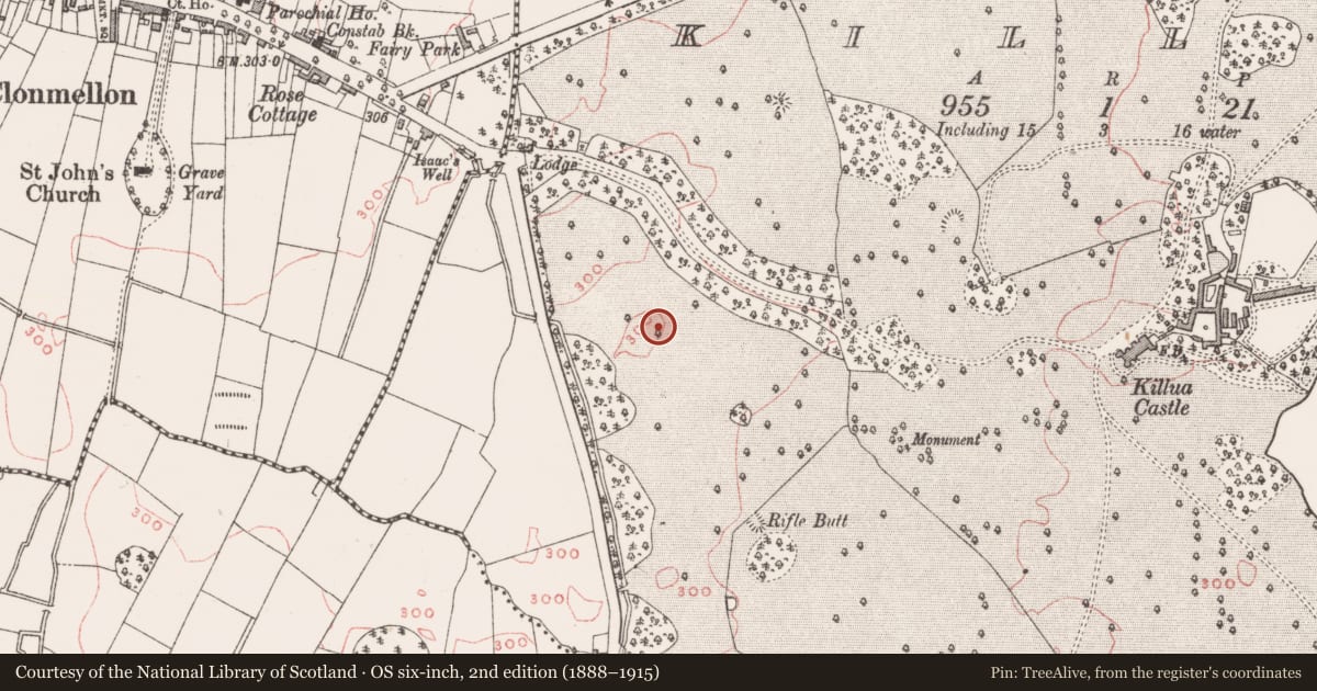 Ordnance Survey six-inch map, 2nd edition (1888–1915) covering the location of Enclosure - large enclosure, Killua, County Westmeath, with a pin at the register's coordinates
