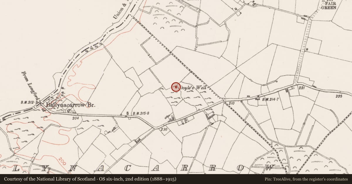 Ordnance Survey six-inch map, 2nd edition (1888–1915) covering the location of Well, Ballynacarrow, County Westmeath, with a pin at the register's coordinates