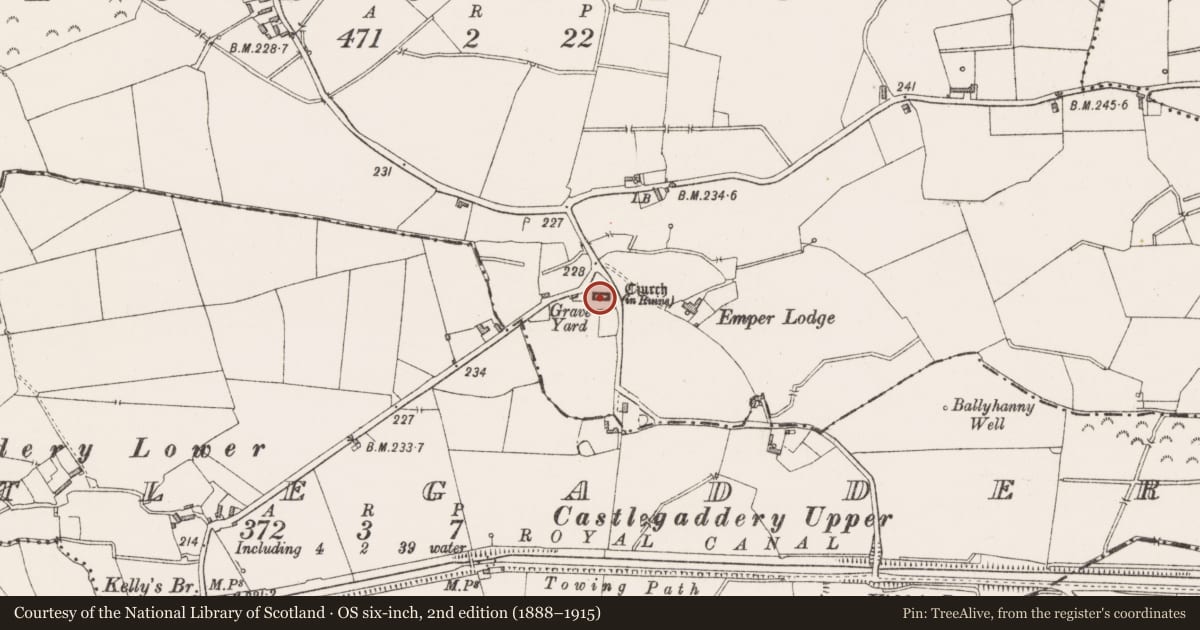 Ordnance Survey six-inch map, 2nd edition (1888–1915) covering the location of Graveyard, Churchtown, County Westmeath, with a pin at the register's coordinates