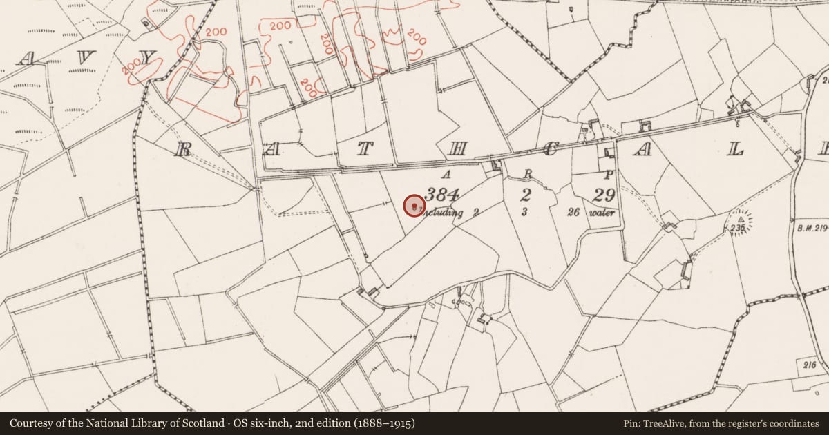 Ordnance Survey six-inch map, 2nd edition (1888–1915) covering the location of Barrow - mound barrow, Rathcaled, County Westmeath, with a pin at the register's coordinates