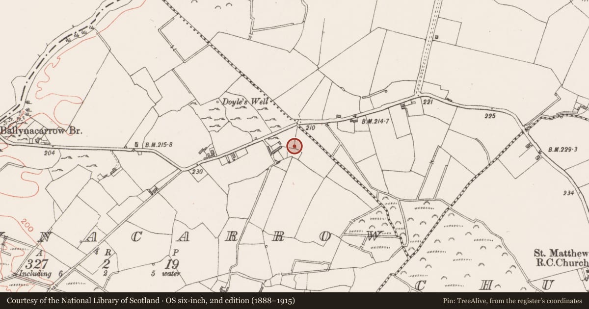 Ordnance Survey six-inch map, 2nd edition (1888–1915) covering the location of Ritual site - holy well, Ballynacarrow, County Westmeath, with a pin at the register's coordinates