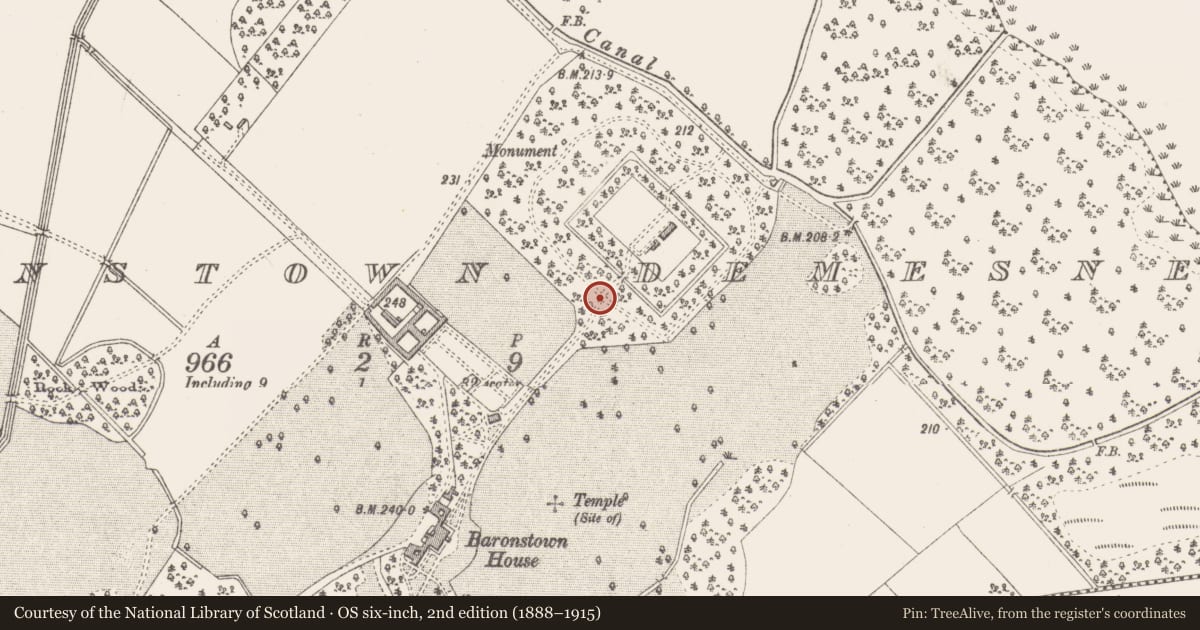 Ordnance Survey six-inch map, 2nd edition (1888–1915) covering the location of Icehouse, Baronstown Demesne, County Westmeath, with a pin at the register's coordinates