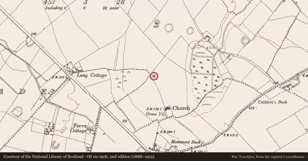 Ordnance Survey six-inch map, 2nd edition (1888–1915) covering the location of Barrow - ring-barrow, Leny, County Westmeath, with a pin at the register's coordinates