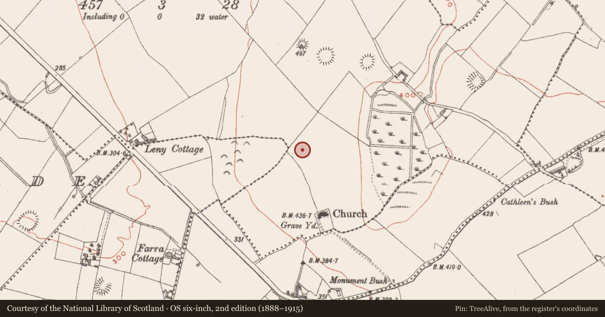 Ordnance Survey six-inch map, 2nd edition (1888–1915) covering the location of Standing stone, Leny, County Westmeath, with a pin at the register's coordinates