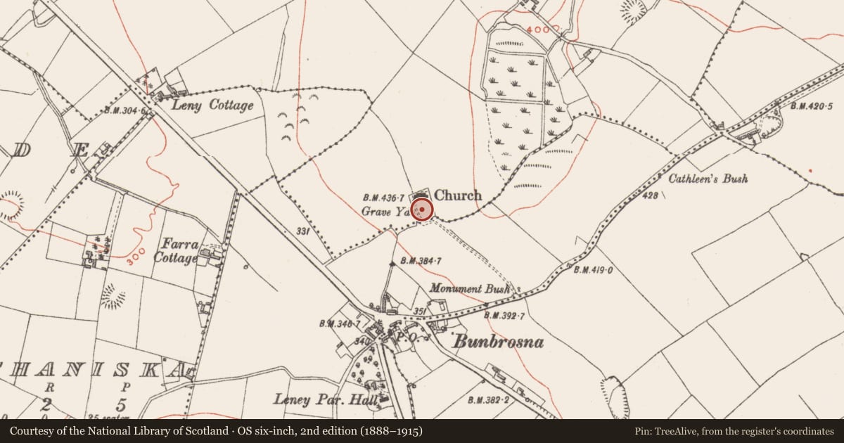 Ordnance Survey six-inch map, 2nd edition (1888–1915) covering the location of Ecclesiastical enclosure, Leny, County Westmeath, with a pin at the register's coordinates