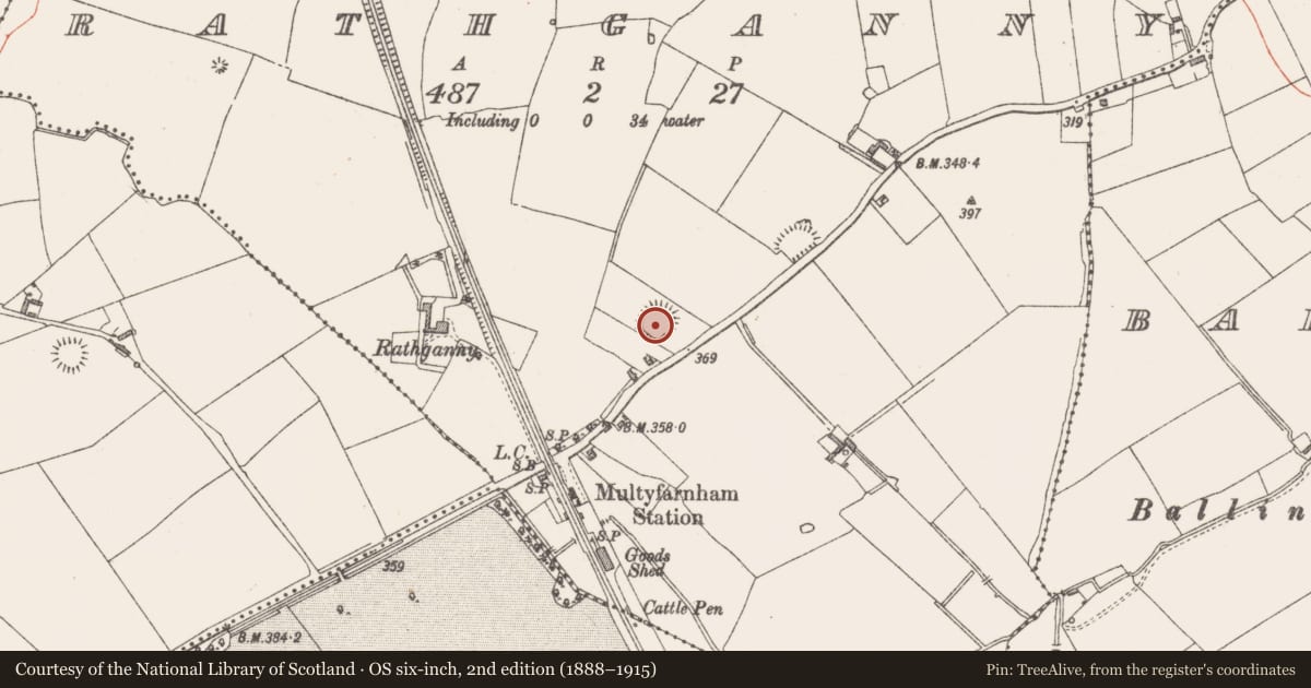 Ordnance Survey six-inch map, 2nd edition (1888–1915) covering the location of Ringfort - rath, Rathganny, County Westmeath, with a pin at the register's coordinates