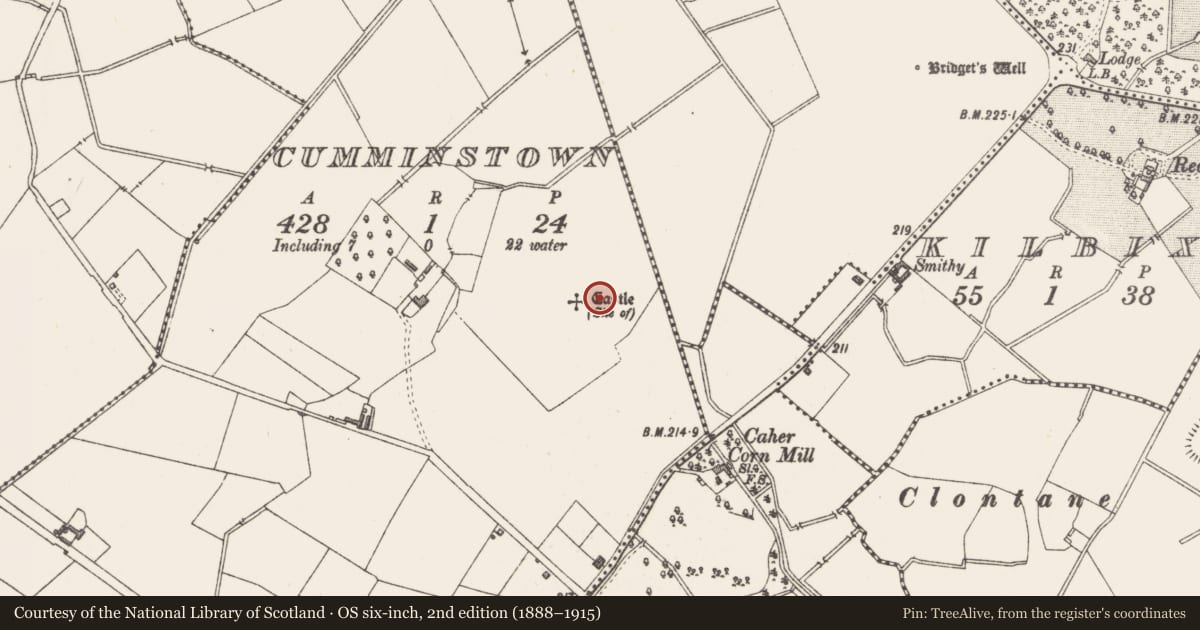 Ordnance Survey six-inch map, 2nd edition (1888–1915) covering the location of Castle - unclassified, Cumminstown, County Westmeath, with a pin at the register's coordinates