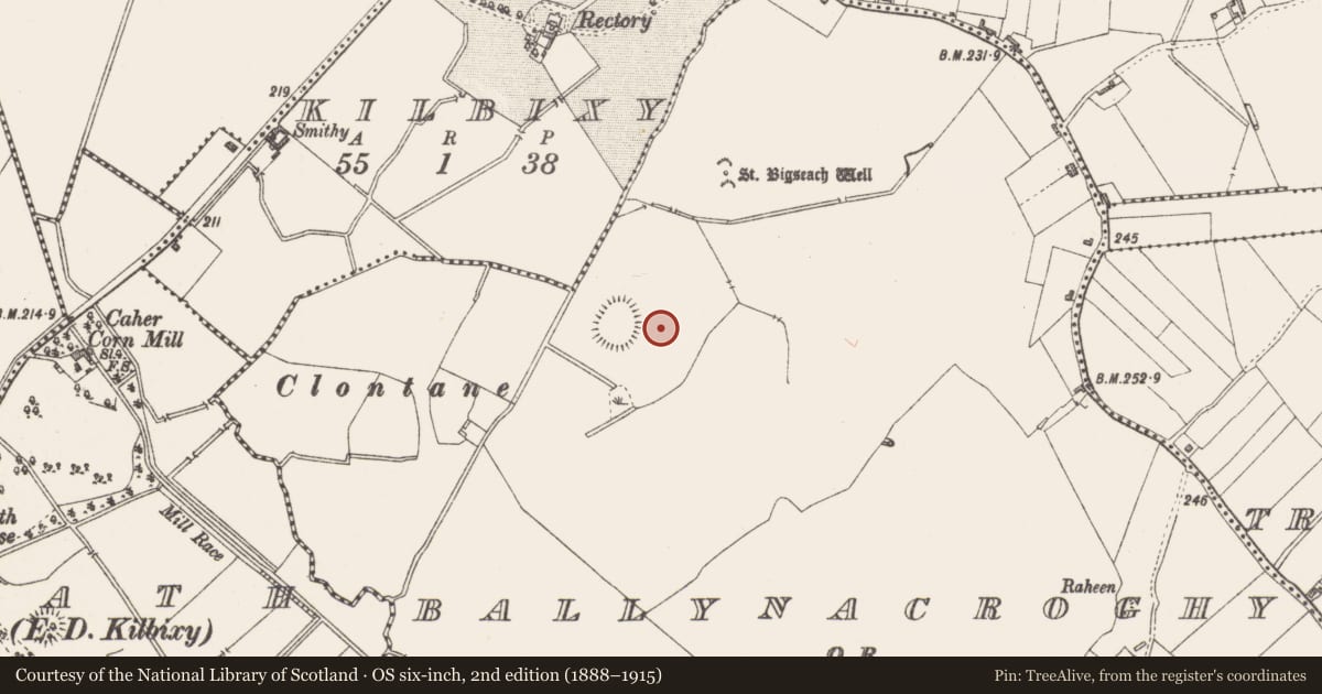 Ordnance Survey six-inch map, 2nd edition (1888–1915) covering the location of Barrow - mound barrow, Ballynacroghy Or Gallowstown, County Westmeath, with a pin at the register's coordinates