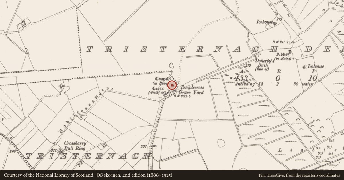 Ordnance Survey six-inch map, 2nd edition (1888–1915) covering the location of Tomb - chest tomb, Tristernagh, County Westmeath, with a pin at the register's coordinates