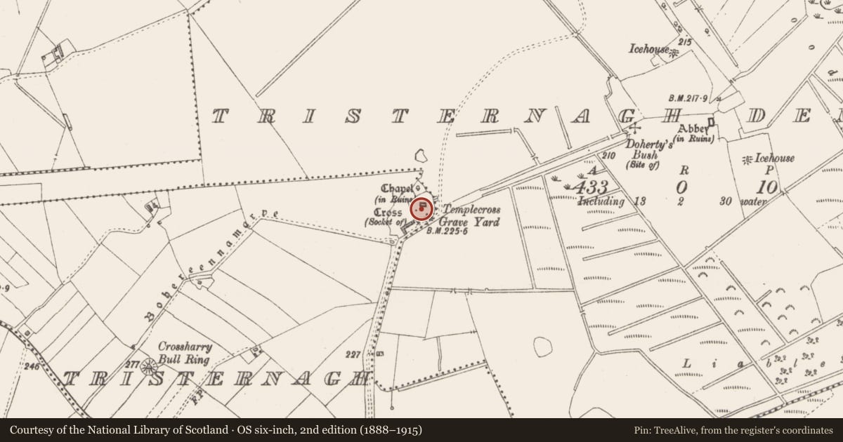 Ordnance Survey six-inch map, 2nd edition (1888–1915) covering the location of Ecclesiastical enclosure, Tristernagh, County Westmeath, with a pin at the register's coordinates